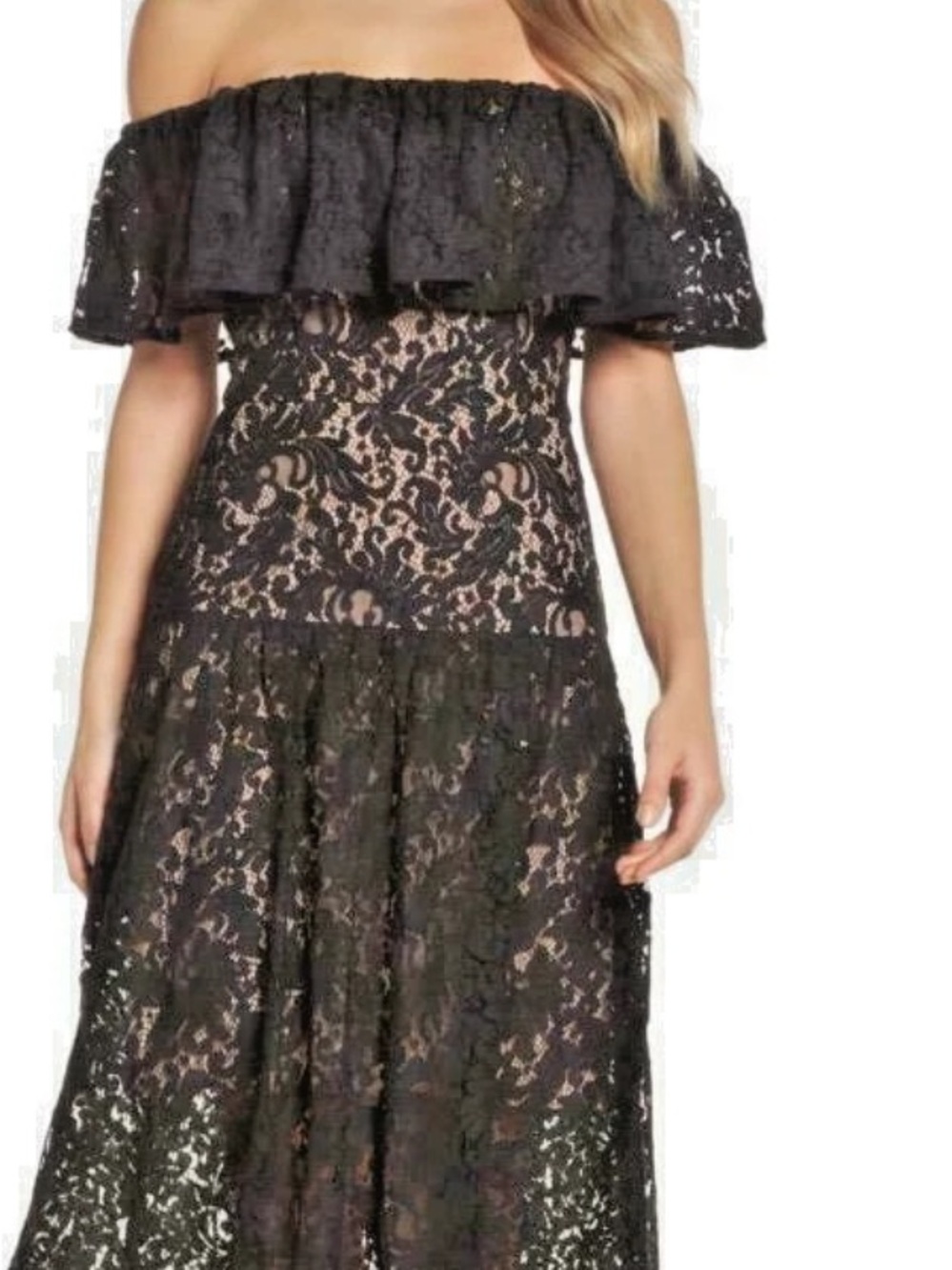 Cooper St Black Off-Shoulder Lace Midi Dress with Ruffle Neckline NWT Size 12
